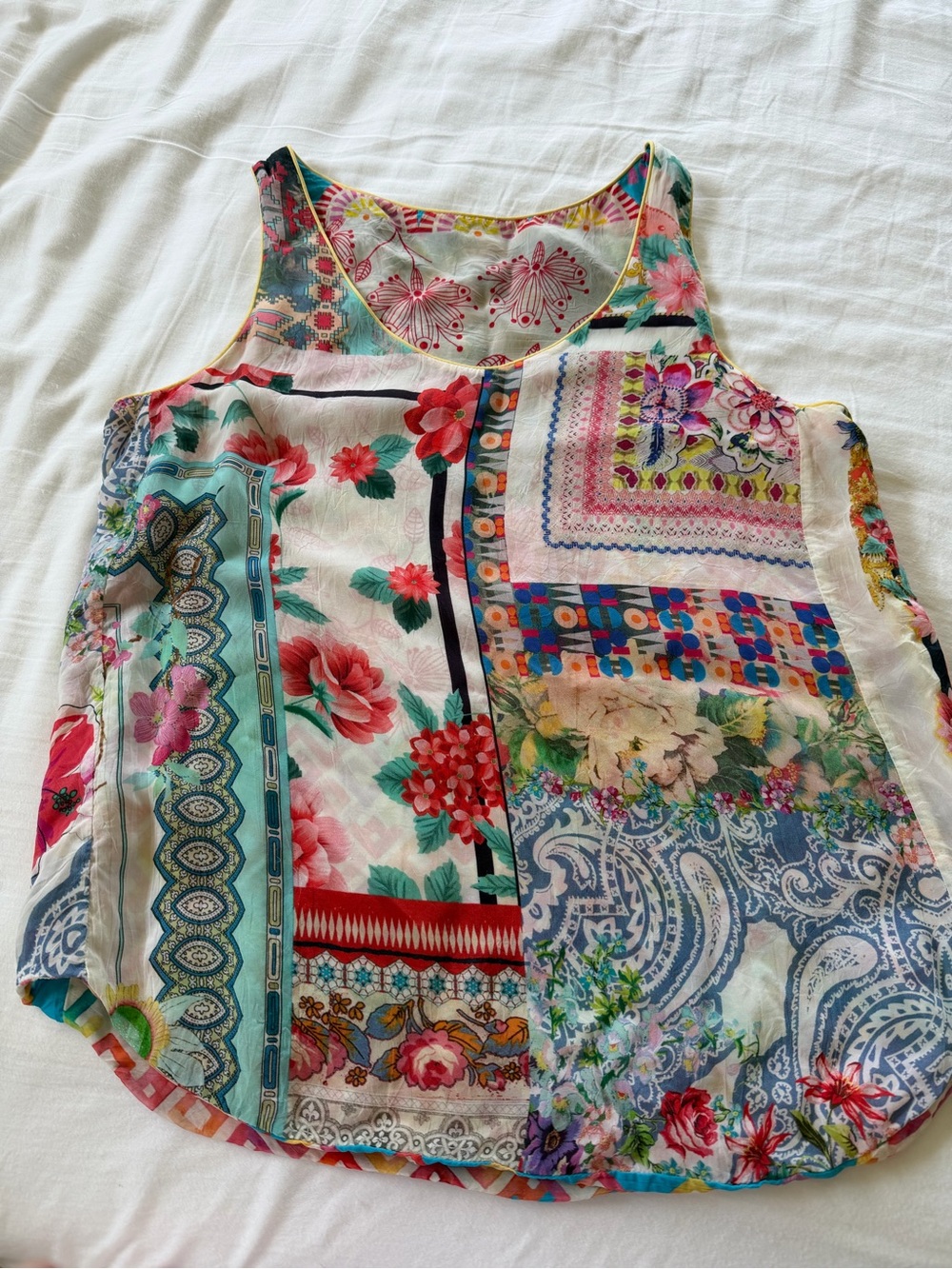 Johnny Was Multicolor Floral Patchwork Tank Top - Red, Pink, Blue, Green, Cream